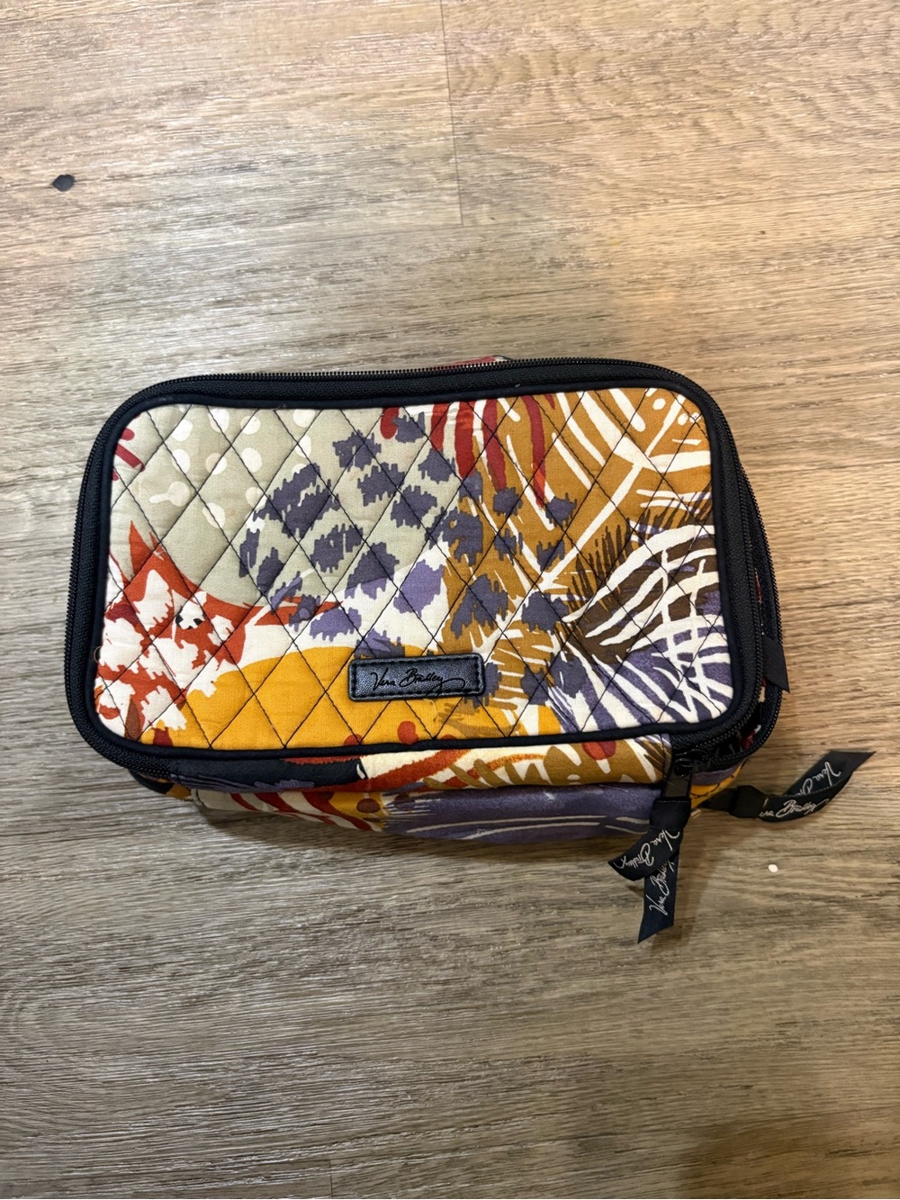Vera Bradley Quilted Floral Pattern Cosmetic Pouch in Mustard and Purple Multi